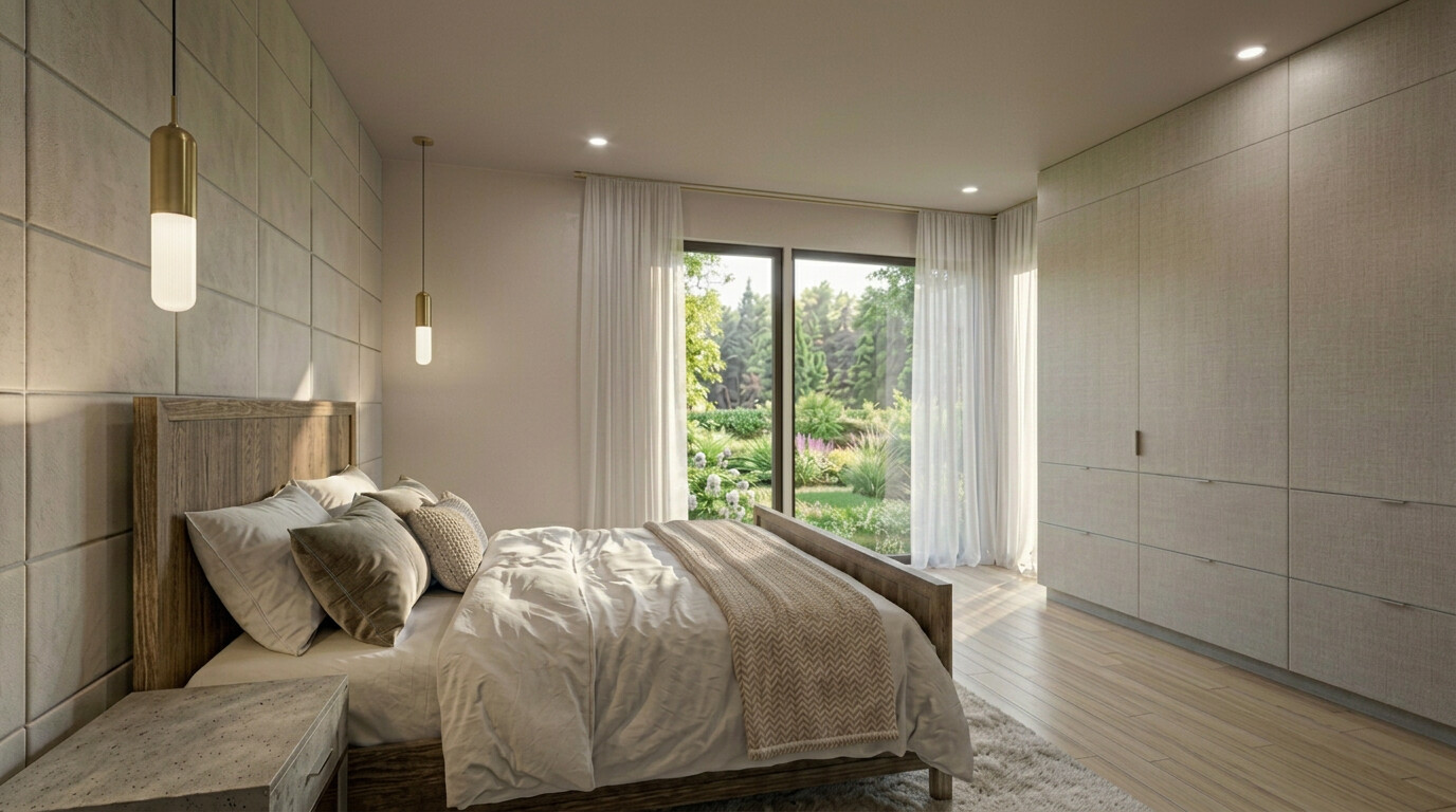 A bedroom with an upholstered wall, sliding glass to the garden, and a wall of fitted wardrobes.
