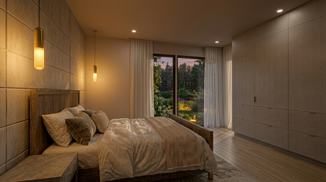 The same bedroom in the evening, with the garden lit outside.