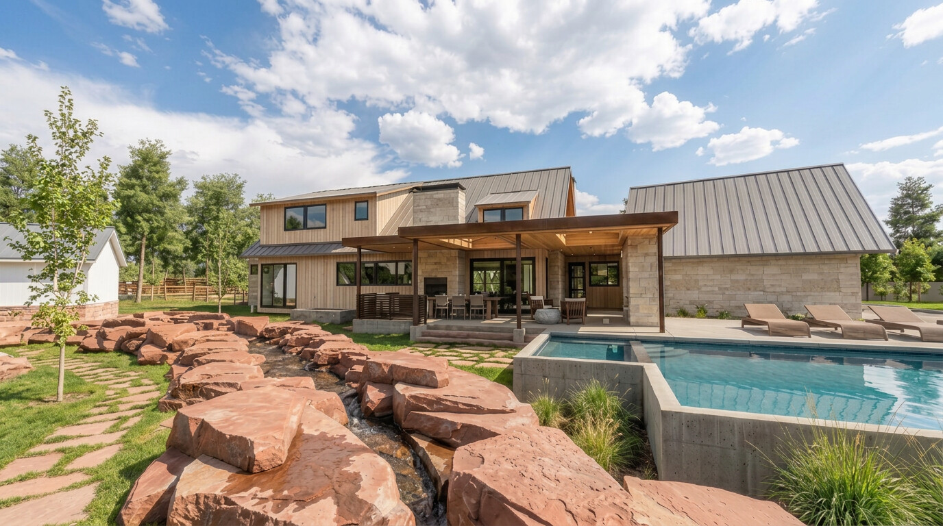 The covered outdoor room, with a glazed roof, fireplace, television, dining table, and grill.