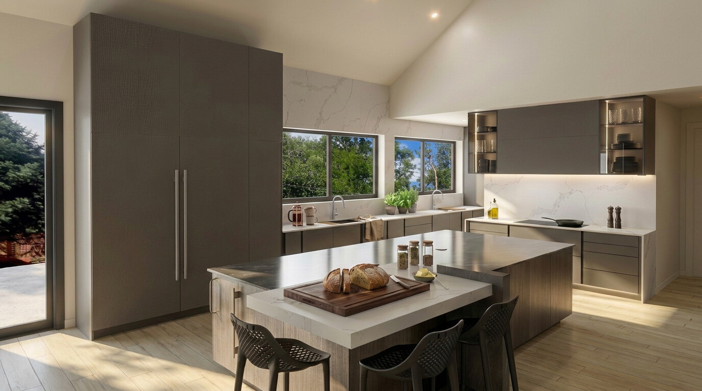 The kitchen: a marble-topped island, charcoal cabinetry, and full-height storage columns under a vaulted ceiling.