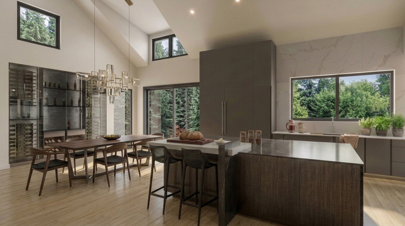 The kitchen and dining area, with a glazed wine wall along the far side.