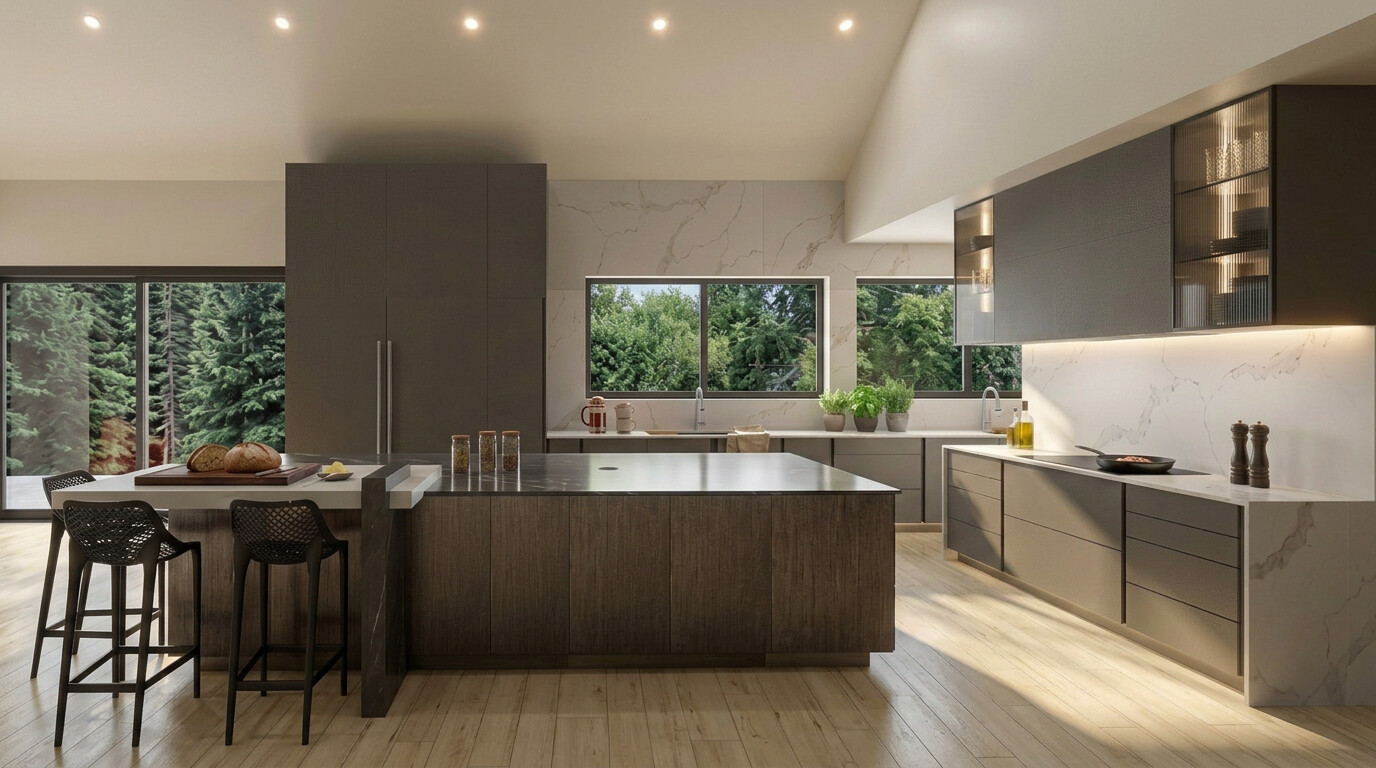 The kitchen from the dining end, with the induction cooktop on the right-hand run.