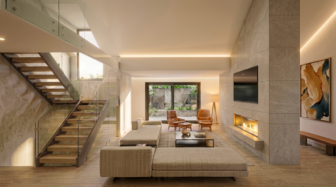The living room by day: a linear gas fire in a stone chimney, an open oak and glass stair, and doors to a courtyard.
