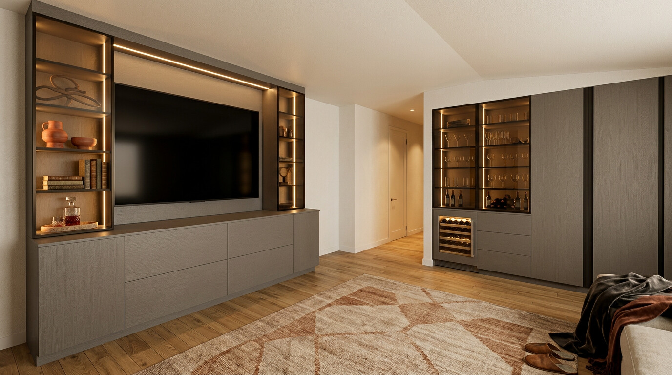 The loft, with a built-in television wall and a lit bar cabinet with wine storage.