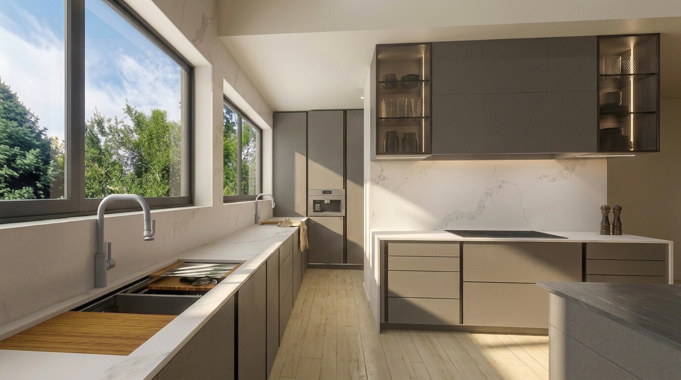 The pantry: a long sink run beneath a window band, with a second cooktop and glass-fronted upper cabinets opposite.